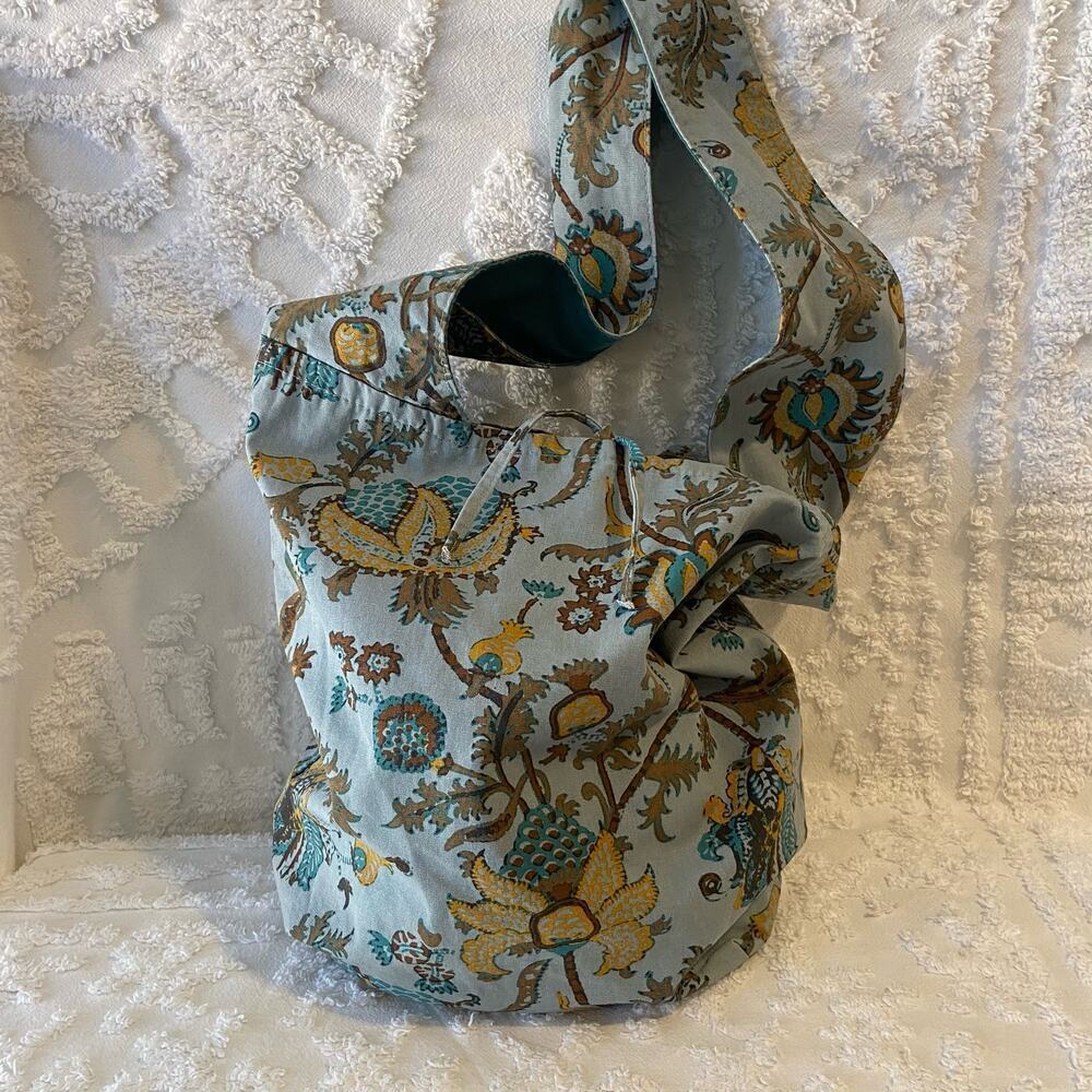 BOHEMIAN Bucket Tote Bag Crossbody Paisley Vines Blue/Yellow Folk Hippie Granola